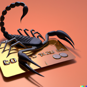 Un escorpión en posición de ataque encima de una tarjeta