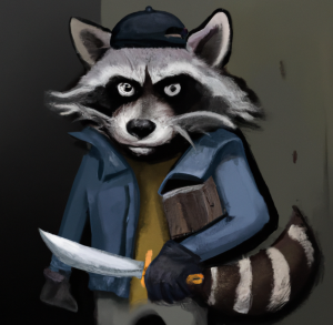un mapache vestido como ladrón con un cuchillo
